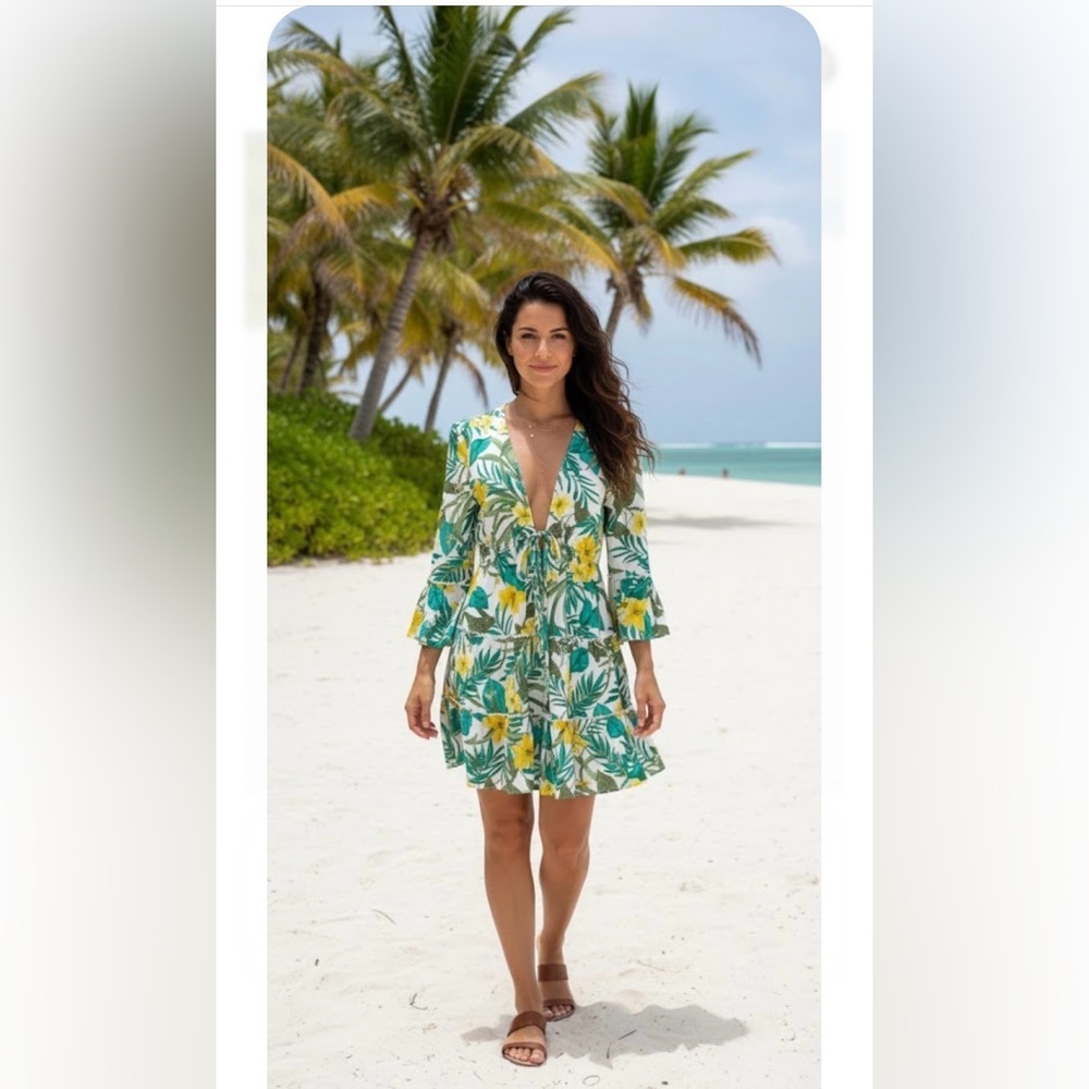 Blue Island .  Green and Yellow Midi Dress with Tropical Print